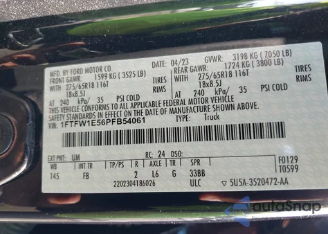 2023 Ford F-150 Xlt из США, поврежденный, VIN 1FTFW1E56PFB54061